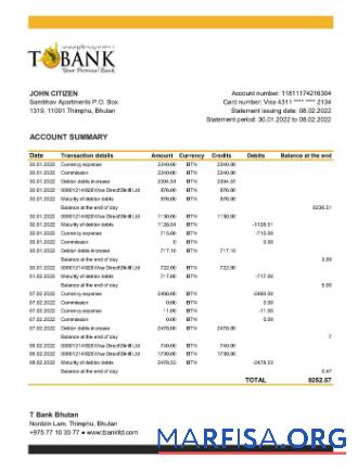Printable Bhutan T bank statement excel real example